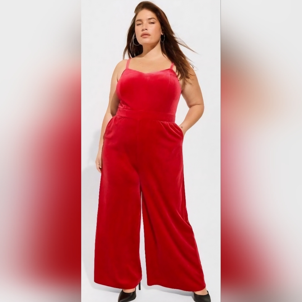 Torrid Red Velvet Cami Wide Leg Jumpsuit - Picture 3 of 4